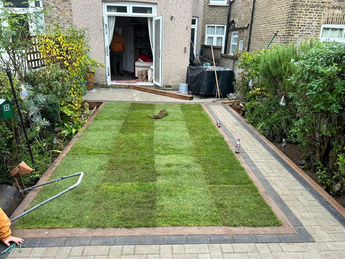New lawn laid to a block edged border